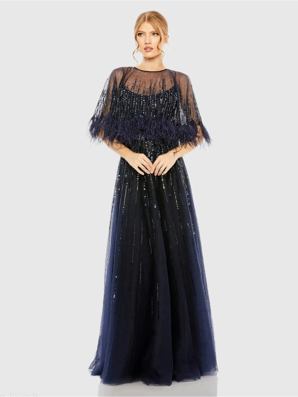 Mac Duggal Navy Embellished A Line Gown with Feather Detail Cape size 2 $998